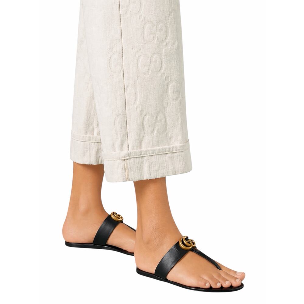 Gucci Black Leather Thong Sandal Gold Double G Logo Size 38.5 - Picture 3 of 13